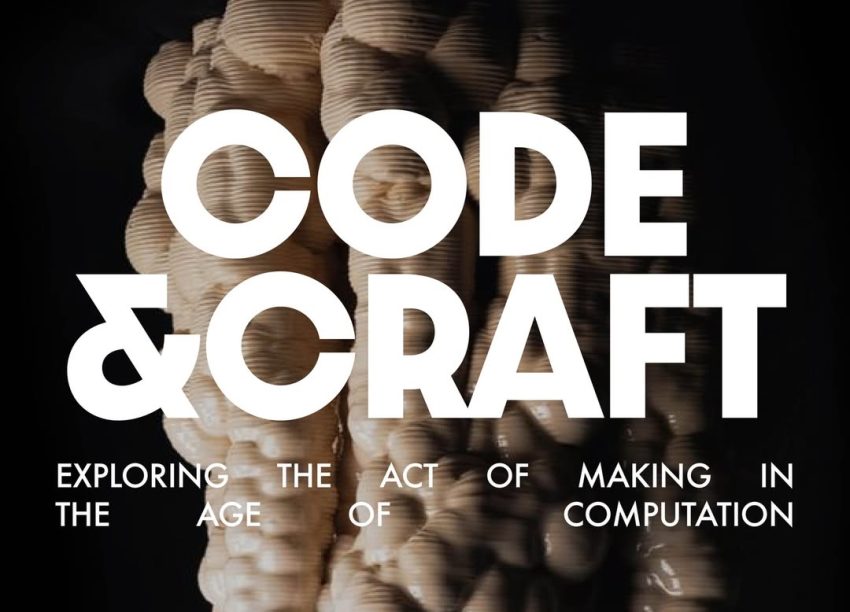 Afiche de la exposición Code & Craft 2025 de Cluster London, con esculturas generadas digitalmente y diseño tipográfico en blanco sobre fondo oscuro.